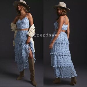 ANTHROPOLOGIE Floral Crop Top & Tiered Maxi Skirt Set Blue Let Me Be Size M NWT